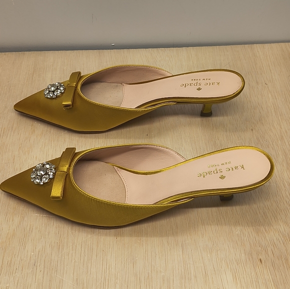 Kate Spade Darlene Yellow Satin Bow Jewel Pointed Toe Kitten Heel Mules Size 8 - Picture 8 of 12